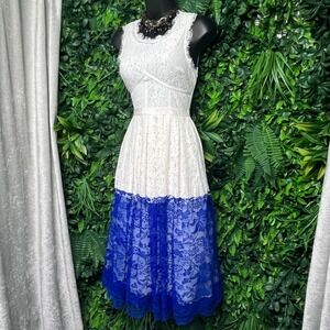 INA Lace Fit & Flare Dress Women Small White Blue Sleeveless Party Cocktail 2899